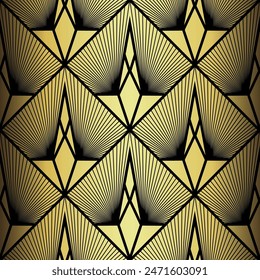 Art Deco Wallpaper. Black and gold seamless pattern in roaring twenties style. Line art deco background for interior design. Elegant art deco type