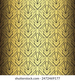 Art Deco Wallpaper. Black and gold seamless pattern in roaring twenties style. Line art deco background for interior design. Elegant art deco type