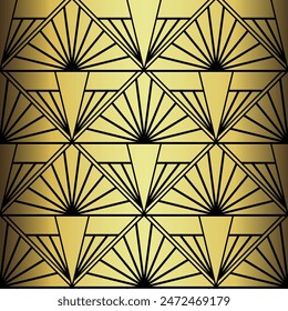 Art Deco Wallpaper. Black and gold seamless pattern in roaring twenties style. Line art deco background for interior design. Elegant art deco type