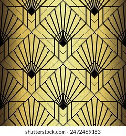 Art Deco Wallpaper. Black and gold seamless pattern in roaring twenties style. Line art deco background for interior design. Elegant art deco type