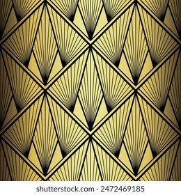 Art Deco Wallpaper. Black and gold seamless pattern in roaring twenties style. Line art deco background for interior design. Elegant art deco type