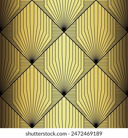 Art Deco Wallpaper. Black and gold seamless pattern in roaring twenties style. Line art deco background for interior design. Elegant art deco type