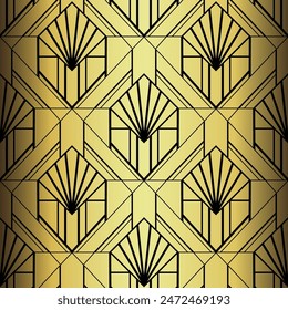 Art Deco Wallpaper. Black and gold seamless pattern in roaring twenties style. Line art deco background for interior design. Elegant art deco type