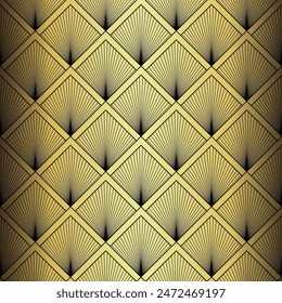 Art Deco Wallpaper. Black and gold seamless pattern in roaring twenties style. Line art deco background for interior design. Elegant art deco type