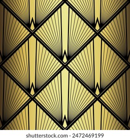 Art Deco Wallpaper. Black and gold seamless pattern in roaring twenties style. Line art deco background for interior design. Elegant art deco type