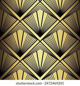 Art Deco Wallpaper. Black and gold seamless pattern in roaring twenties style. Line art deco background for interior design. Elegant art deco type