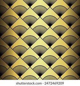 Art Deco Wallpaper. Black and gold seamless pattern in roaring twenties style. Line art deco background for interior design. Elegant art deco type