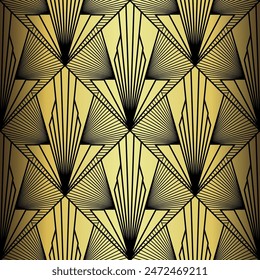 Art Deco Wallpaper. Black and gold seamless pattern in roaring twenties style. Line art deco background for interior design. Elegant art deco type