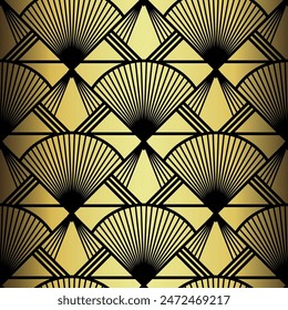 Art Deco Wallpaper. Black and gold seamless pattern in roaring twenties style. Line art deco background for interior design. Elegant art deco type