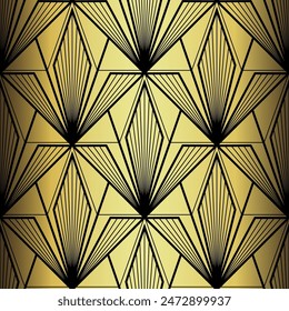 Art Deco Wallpaper. Black and gold seamless pattern in roaring twenties style. Line art deco background for interior design. Elegant art deco type