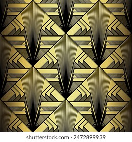 Art Deco Wallpaper. Black and gold seamless pattern in roaring twenties style. Line art deco background for interior design. Elegant art deco type