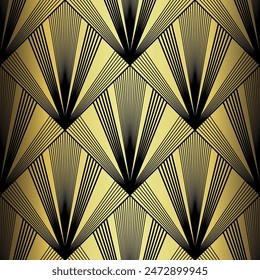 Art Deco Wallpaper. Black and gold seamless pattern in roaring twenties style. Line art deco background for interior design. Elegant art deco type