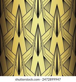 Art Deco Wallpaper. Black and gold seamless pattern in roaring twenties style. Line art deco background for interior design. Elegant art deco type