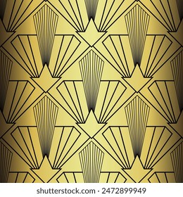 Art Deco Wallpaper. Black and gold seamless pattern in roaring twenties style. Line art deco background for interior design. Elegant art deco type