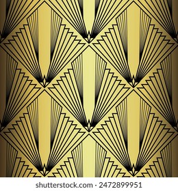 Art Deco Wallpaper. Black and gold seamless pattern in roaring twenties style. Line art deco background for interior design. Elegant art deco type