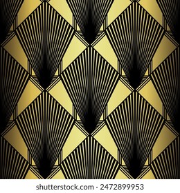 Art Deco Wallpaper. Black and gold seamless pattern in roaring twenties style. Line art deco background for interior design. Elegant art deco type