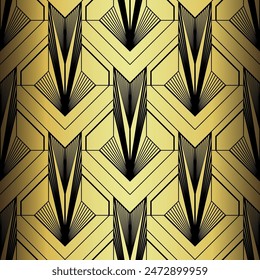 Art Deco Wallpaper. Black and gold seamless pattern in roaring twenties style. Line art deco background for interior design. Elegant art deco type