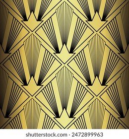 Art Deco Wallpaper. Black and gold seamless pattern in roaring twenties style. Line art deco background for interior design. Elegant art deco type