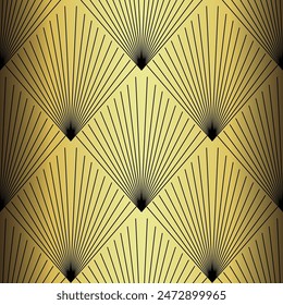 Art Deco Wallpaper. Black and gold seamless pattern in roaring twenties style. Line art deco background for interior design. Elegant art deco type