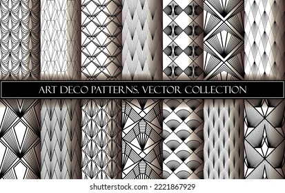 Colección Art Deco de fondos de escritorio. Patrones inmaculados en el estilo de los años 20. Antecedentes decorativos de arte blanco y negro