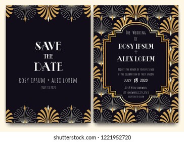 An Art Deco Wedding Card with a Gold-patterned Background.