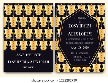 An Art Deco Wedding Card with a Gold-patterned Background.