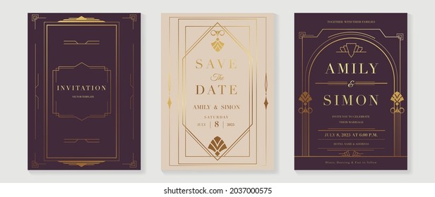 Art deco wedding invitation card vector. Luxury classic antique cards design for VIP invite, Gatsby invitation gold, Fancy party event, Save the date card and Thank you card. Vector illustration.