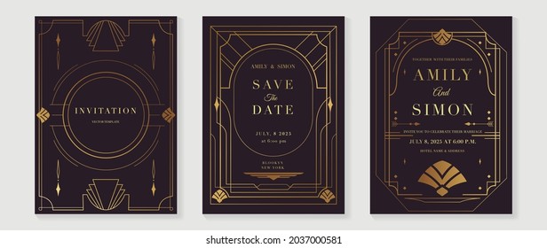 Art Deco Wedding Invitation Card Vector. Luxury Classic Antique Cards Design For VIP Invite, Gatsby Invitation Gold, Fancy Party Event, Save The Date Card And Thank You Card. Vector Illustration.