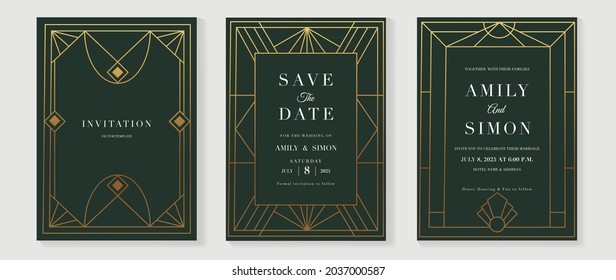 Art deco wedding invitation card vector. Luxury classic antique cards design for VIP invite, Gatsby invitation gold, Fancy party event, Save the date card and Thank you card. Vector illustration.