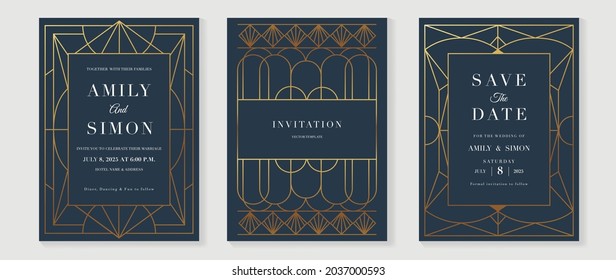 Art deco wedding invitation card vector. Luxury classic antique cards design for VIP invite, Gatsby invitation gold, Fancy party event, Save the date card and Thank you card. Vector illustration.