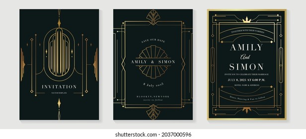 Art deco wedding invitation card vector. Luxury classic antique cards design for VIP invite, Gatsby invitation gold, Fancy party event, Save the date card and Thank you card. Vector illustration.