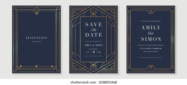 Art deco wedding invitation card vector. Luxury classic antique cards design for VIP invite, Gatsby invitation gold, Fancy party event, Save the date card and Thank you card. Vector illustration.