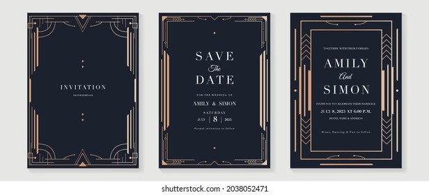 Art Deco Wedding Invitation Card Vector. Luxury Classic Antique Cards Design For VIP Invite, Gatsby Invitation Gold, Fancy Party Event, Save The Date Card And Thank You Card. Vector Illustration.