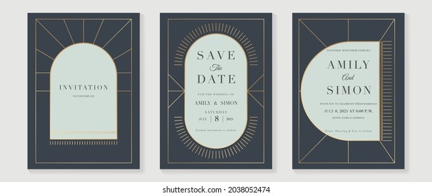 Vector de tarjeta de invitación de boda Art Deco. Diseño clásico de tarjetas antiguas de lujo para la invitación VIP, oro de invitación Gatsby, Fancy party event, Save the date card y tarjeta de agradecimiento. Ilustración vectorial.