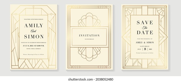 Art deco wedding invitation card vector. Luxury classic antique cards design for VIP invite, Gatsby invitation gold, Fancy party event, Save the date card and Thank you card. Vector illustration.