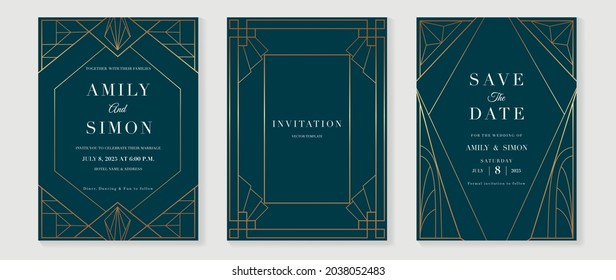 Art deco wedding invitation card vector. Luxury classic antique cards design for VIP invite, Gatsby invitation gold, Fancy party event, Save the date card and Thank you card. Vector illustration.