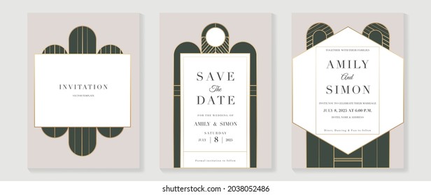 Art Deco Wedding Invitation Card Vector. Luxury Classic Antique Cards Design For VIP Invite, Gatsby Invitation Gold, Fancy Party Event, Save The Date Card And Thank You Card. Vector Illustration.