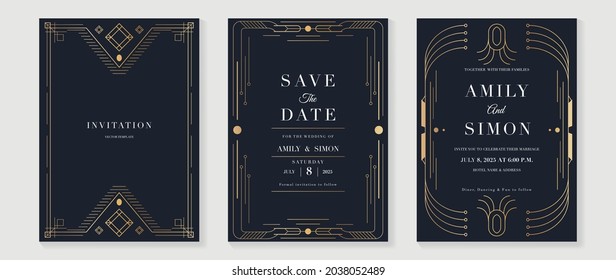 Art Deco Wedding Invitation Card Vector. Luxury Classic Antique Cards Design For VIP Invite, Gatsby Invitation Gold, Fancy Party Event, Save The Date Card And Thank You Card. Vector Illustration.