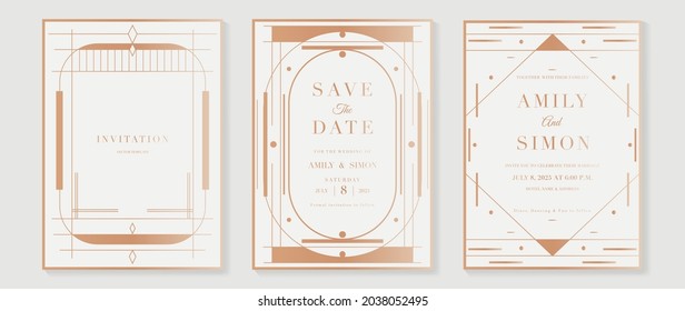 Art deco wedding invitation card vector. Luxury classic antique cards design for VIP invite, Gatsby invitation gold, Fancy party event, Save the date card and Thank you card. Vector illustration.