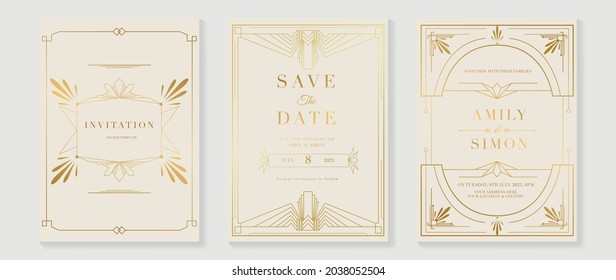 Art Deco Wedding Invitation Card Vector. Luxury Classic Antique Cards Design For VIP Invite, Gatsby Invitation Gold, Fancy Party Event, Save The Date Card And Thank You Card. Vector Illustration.