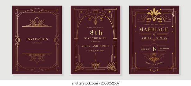 Art Deco Wedding Invitation Card Vector. Luxury Classic Antique Cards Design For VIP Invite, Gatsby Invitation Gold, Fancy Party Event, Save The Date Card And Thank You Card. Vector Illustration.