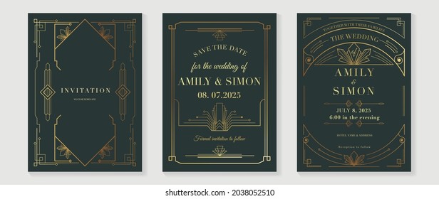 Art Deco Wedding Invitation Card Vector. Luxury Classic Antique Cards Design For VIP Invite, Gatsby Invitation Gold, Fancy Party Event, Save The Date Card And Thank You Card. Vector Illustration.