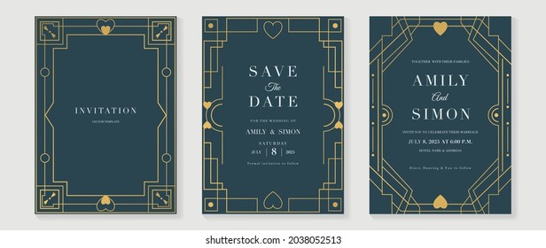 Art deco wedding invitation card vector. Luxury classic antique cards design for VIP invite, Gatsby invitation gold, Fancy party event, Save the date card and Thank you card. Vector illustration.