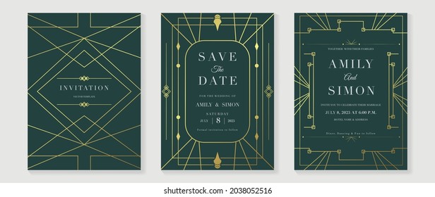 Art deco wedding invitation card vector. Luxury classic antique cards design for VIP invite, Gatsby invitation gold, Fancy party event, Save the date card and Thank you card. Vector illustration.