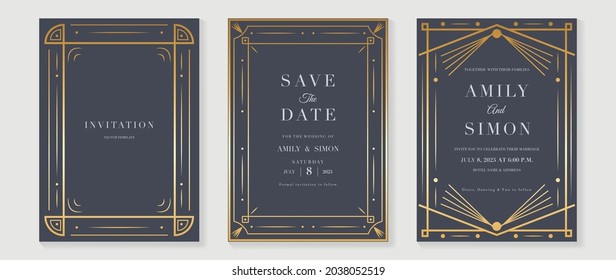 Art deco wedding invitation card vector. Luxury classic antique cards design for VIP invite, Gatsby invitation gold, Fancy party event, Save the date card and Thank you card. Vector illustration.