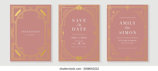 Art deco wedding invitation card vector. Luxury classic antique cards design for VIP invite, Gatsby invitation gold, Fancy party event, Save the date card and Thank you card. Vector illustration.