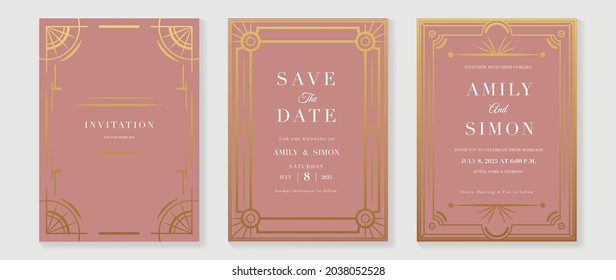 Art deco wedding invitation card vector. Luxury classic antique cards design for VIP invite, Gatsby invitation gold, Fancy party event, Save the date card and Thank you card. Vector illustration.