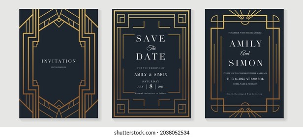 Art deco wedding invitation card vector. Luxury classic antique cards design for VIP invite, Gatsby invitation gold, Fancy party event, Save the date card and Thank you card. Vector illustration.