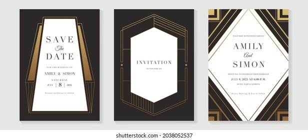 Art deco wedding invitation card vector. Luxury classic antique cards design for VIP invite, Gatsby invitation gold, Fancy party event, Save the date card and Thank you card. Vector illustration.