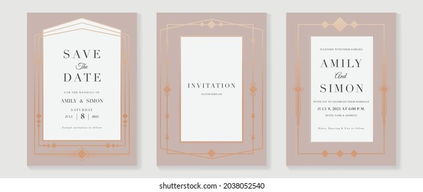 Art deco wedding invitation card vector. Luxury classic antique cards design for VIP invite, Gatsby invitation gold, Fancy party event, Save the date card and Thank you card. Vector illustration.